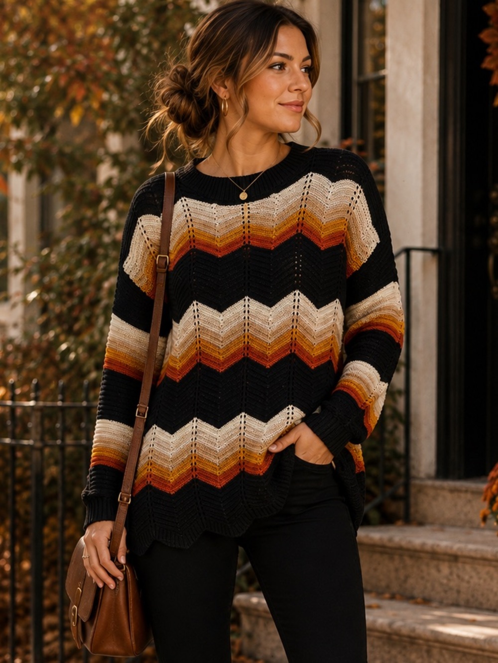FCT With Love Boho Chevron Striped Knit Sweater Rust Mustard Black L